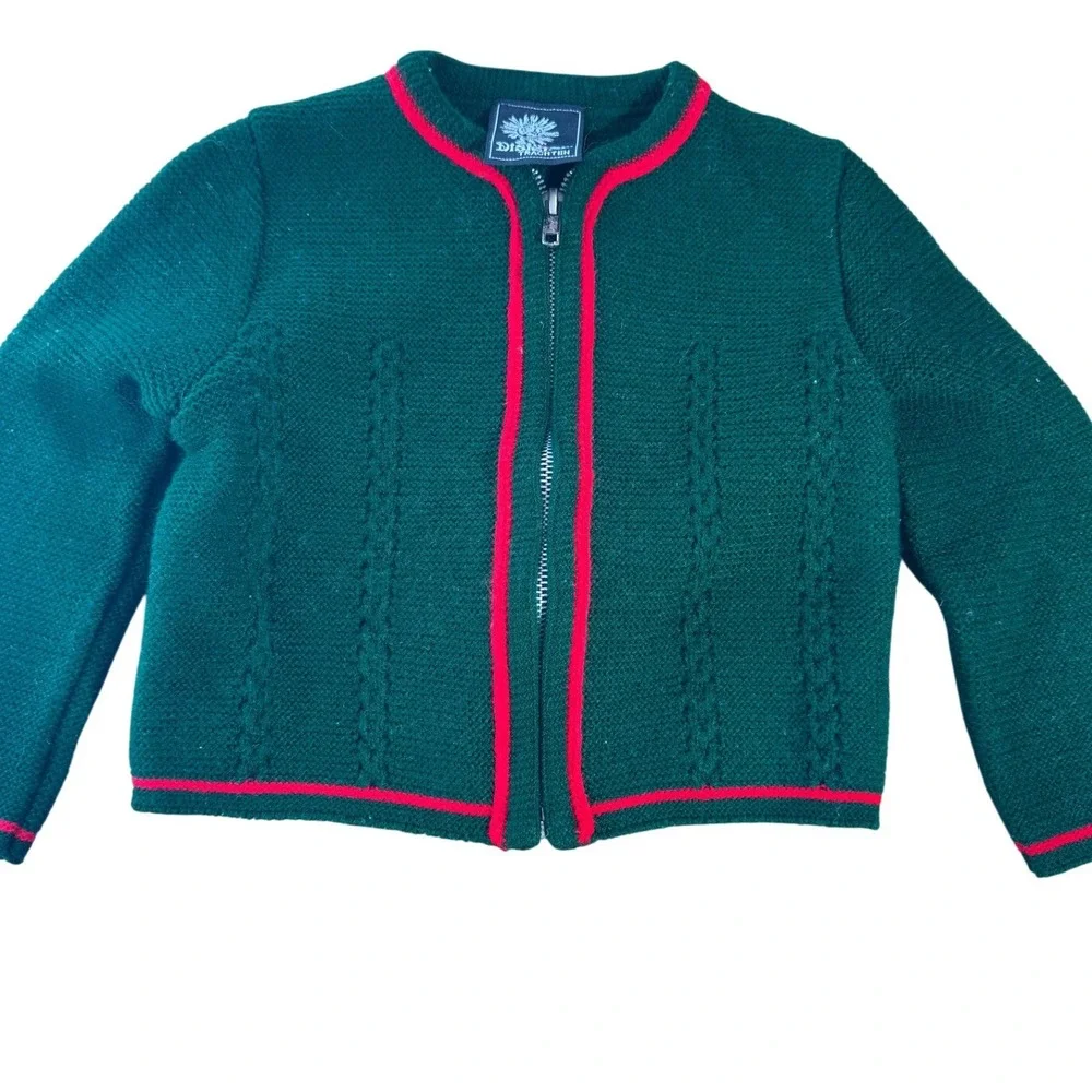 Vintage Silber Distel Trachten Zip Up Sweater Kids Green Red Trim Alpine Folk